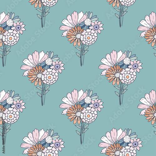 Seamless vintage pattern with bouquet of flowers on a turquoise background. L...