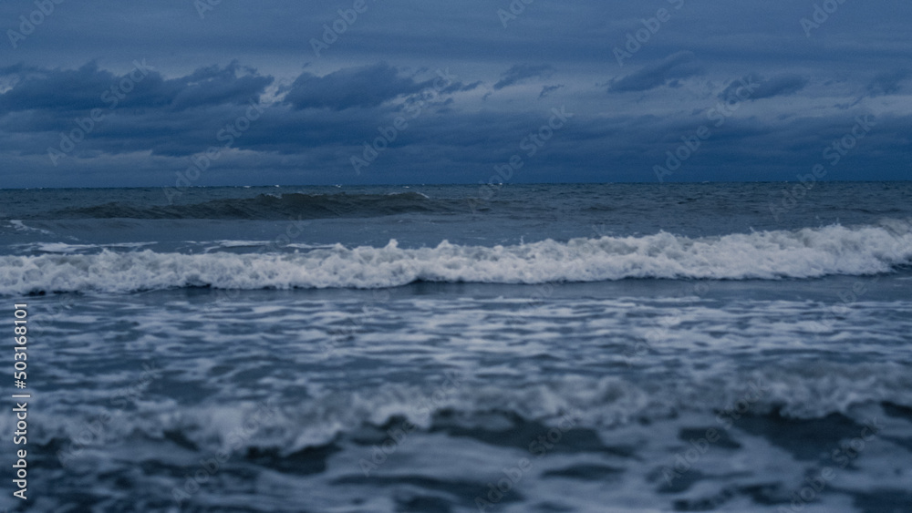 Storm waves crashing landscape background. Ocean water thunder splash coast line