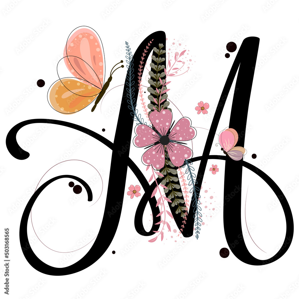 Alphabet letter M vector with flowers, butterfly and leaves. Collection