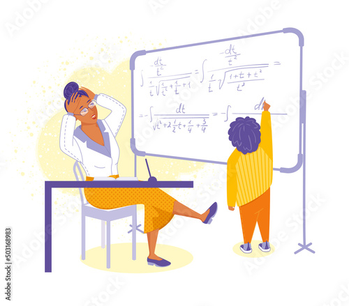 The student at the blackboard solves the problem, the teacher clutched her head in shock, the boy is a child prodigy, vector illustration