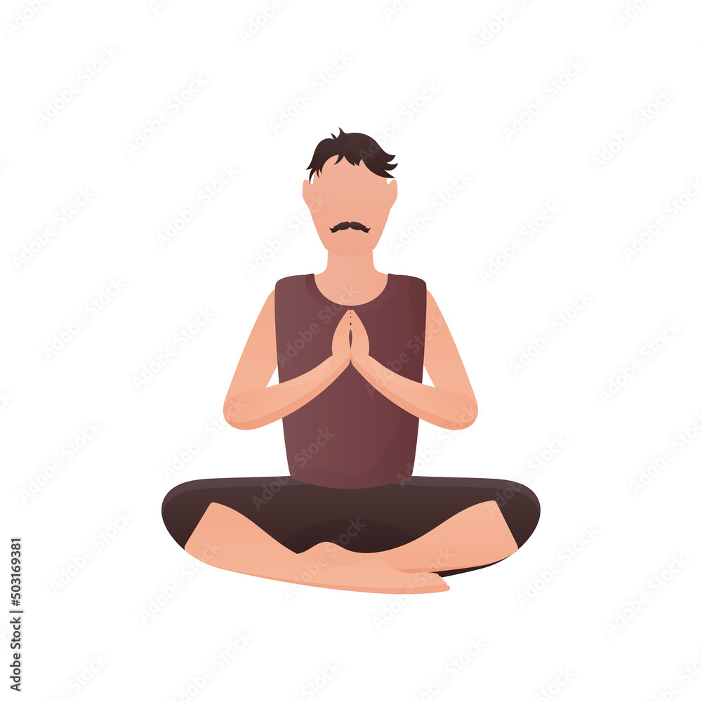 The guy sits in the lotus position. Isolated. Cartoon style. The guy sits in the lotus position. Isolated. Cartoon style.