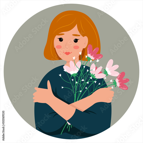 Young woman with flowers character. Love yourself concept. Vector illustration in flat style.