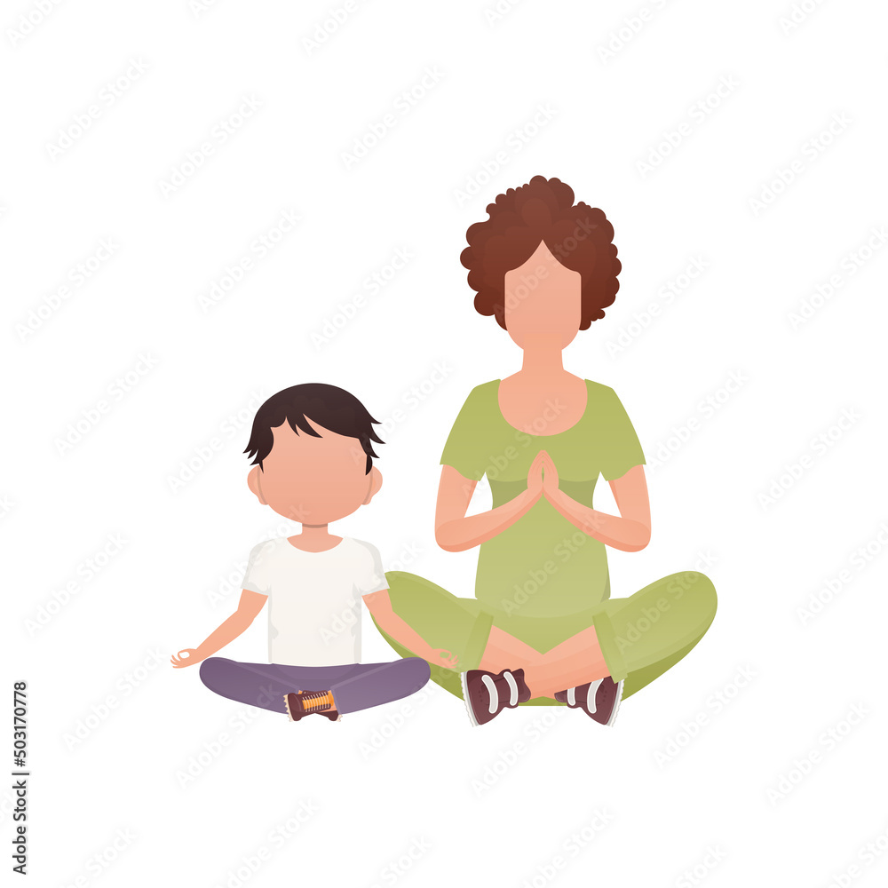 Mom and son are sitting meditating. Isolated. Cartoon style. Mom and son are sitting meditating. Isolated. Cartoon style.