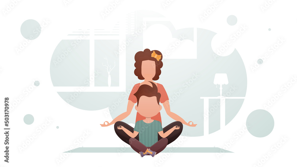 Mom and son are sitting doing yoga in the lotus position. Yoga. Cartoon style.