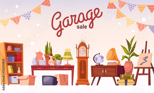 Holiday market. Bazaar sale banner with old furniture. Second Hand shop. Weekend store for used merchandise. Selling bookcase or clock. Antique boutique. Vector garage trade frame poster