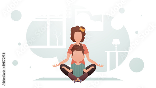 Mom and son are sitting doing yoga in the lotus position. Yoga. Cartoon style.