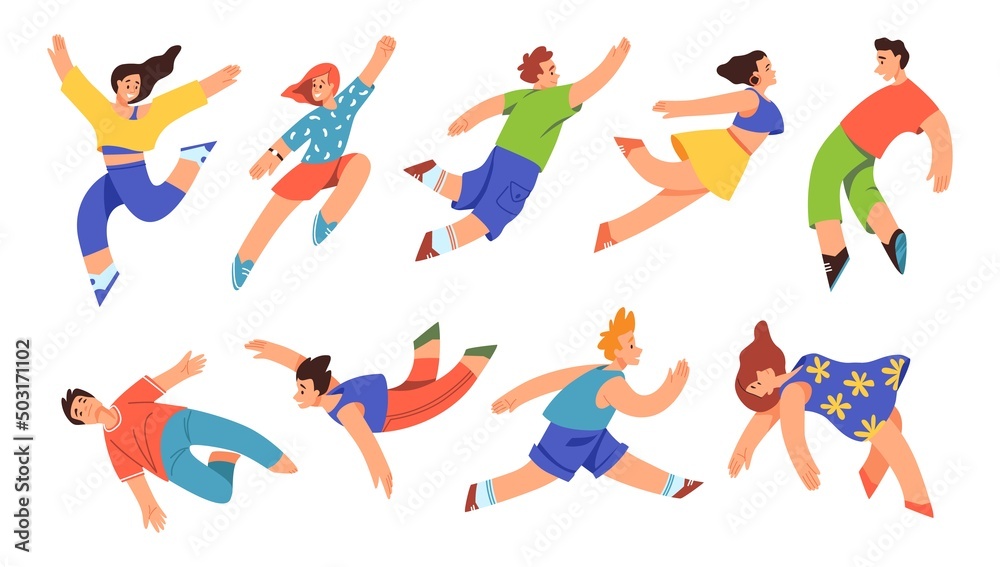 Happy fly people. Youth freedom. Humans jump up. Floating men and women. Girls and guys in different poses. Falling and running persons. Fantasy dream. Vector dancing teenagers set