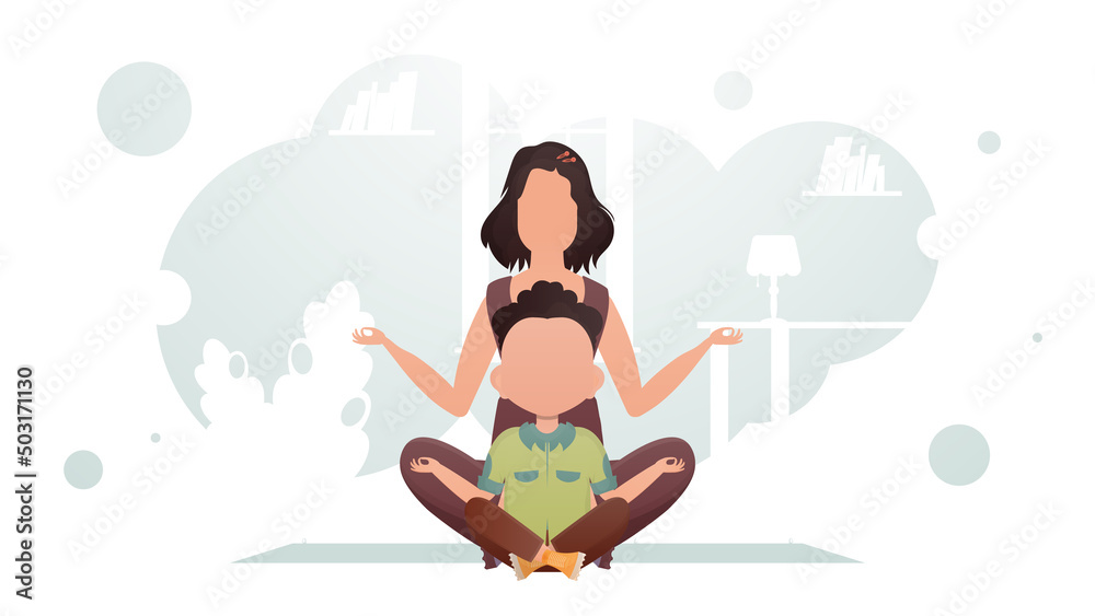 Mom and son sit in the lotus position. Meditation. Cartoon style.