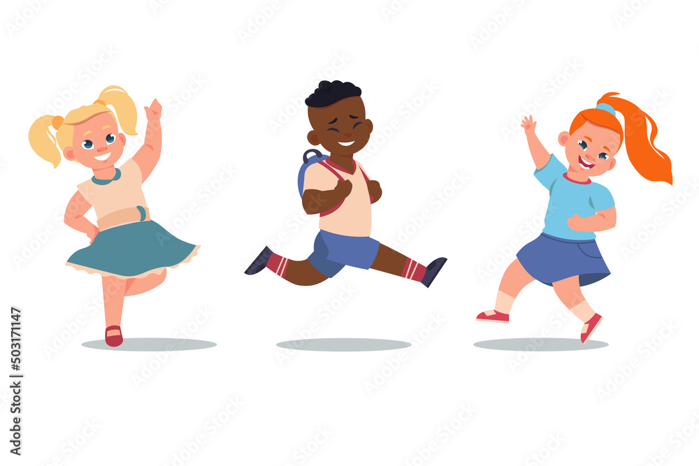 Smiling children. Dancing boys and girls. Happy people in good mood. Young persons poses and gestures. Active classmates. Cheerful teenagers playing or running. Vector jumping kids set Smiling children. Dancing boys and girls. Happy people in good mood. Young persons poses and gestures. Active classmates. Cheerful teenagers playing or running. Vector jumping kids set