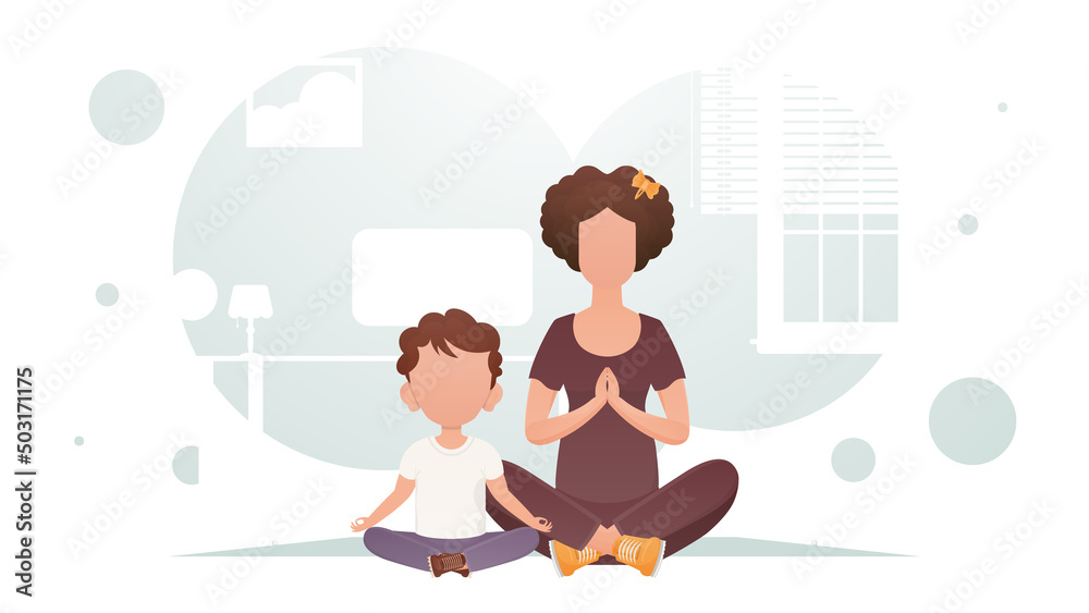 Mom and son are sitting doing meditation. Meditation. Cartoon style. Mom and son are sitting doing meditation. Meditation. Cartoon style.