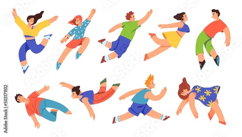 Happy fly people. Youth freedom. Humans jump up. Floating men and women. Girls and guys in different poses. Falling and running persons. Fantasy dream. Vector dancing teenagers set