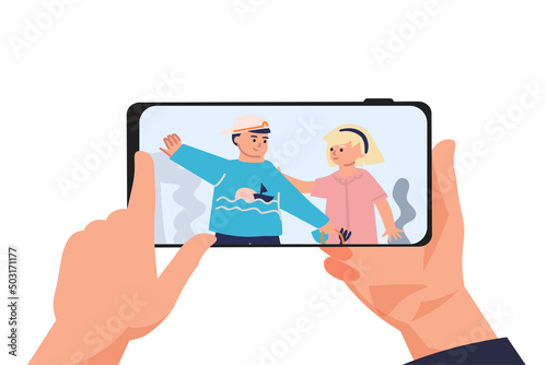 Family photo. Hands holding smartphone. Man and woman together portrait. Person looking at photographs on phone screen. Human arms with device. Happy couple snapshot. Vector concept