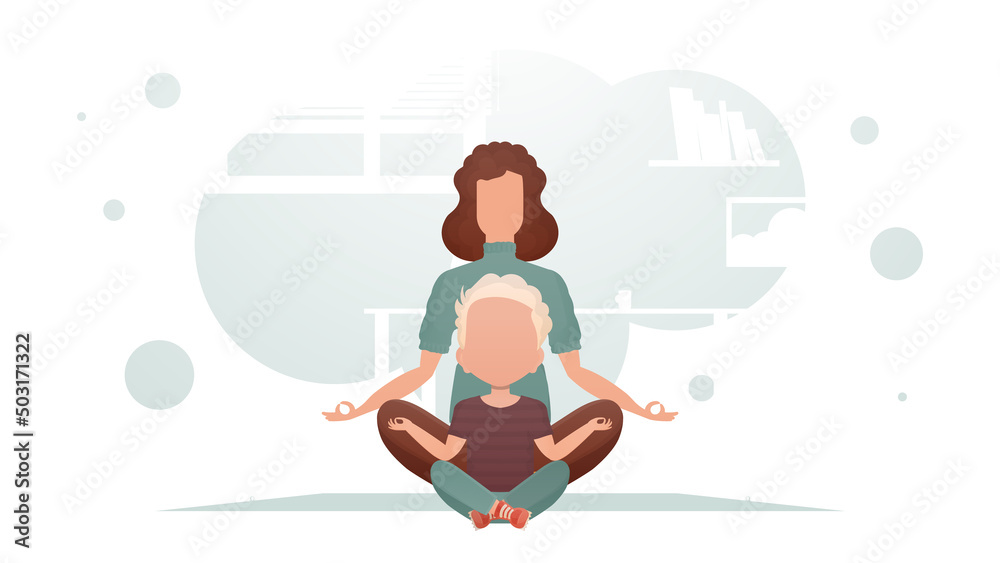 Mom and son are sitting in the room doing yoga in the lotus position. Meditation. Cartoon style.