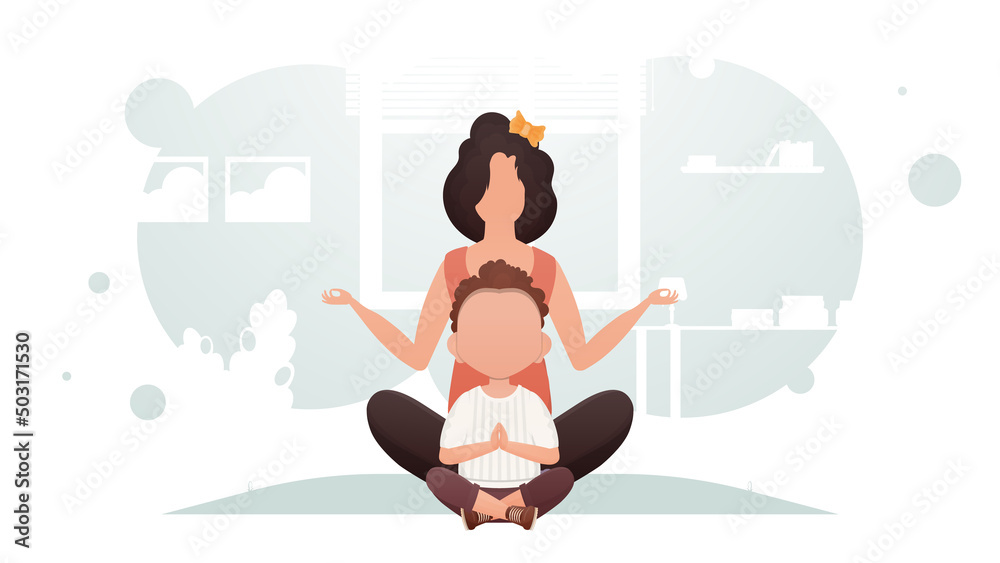 Mom and son are sitting in the room meditating. Yoga. Cartoon style. Mom and son are sitting in the room meditating. Yoga. Cartoon style.