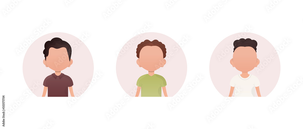 A set of portraits of little boys with different styles of haircuts. Iholized on a white background. A set of portraits of little boys with different styles of haircuts. Iholized on a white background.
