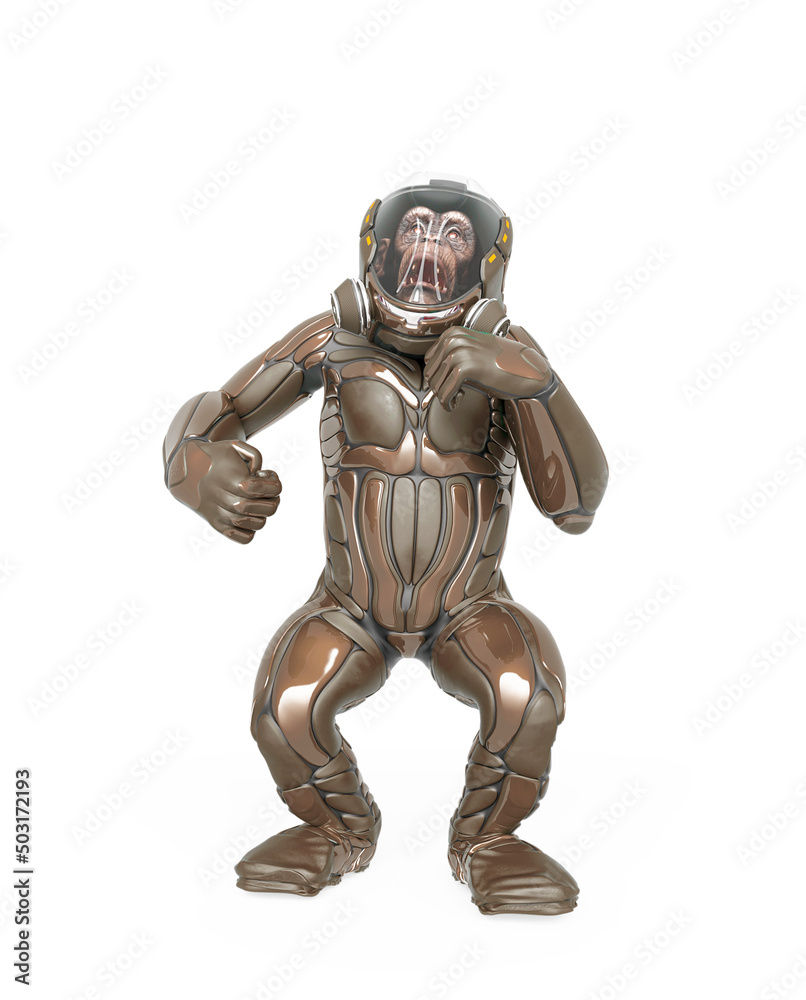 chimpanzee astronaut is doing a dominant pose in white background chimpanzee astronaut is doing a dominant pose in white background