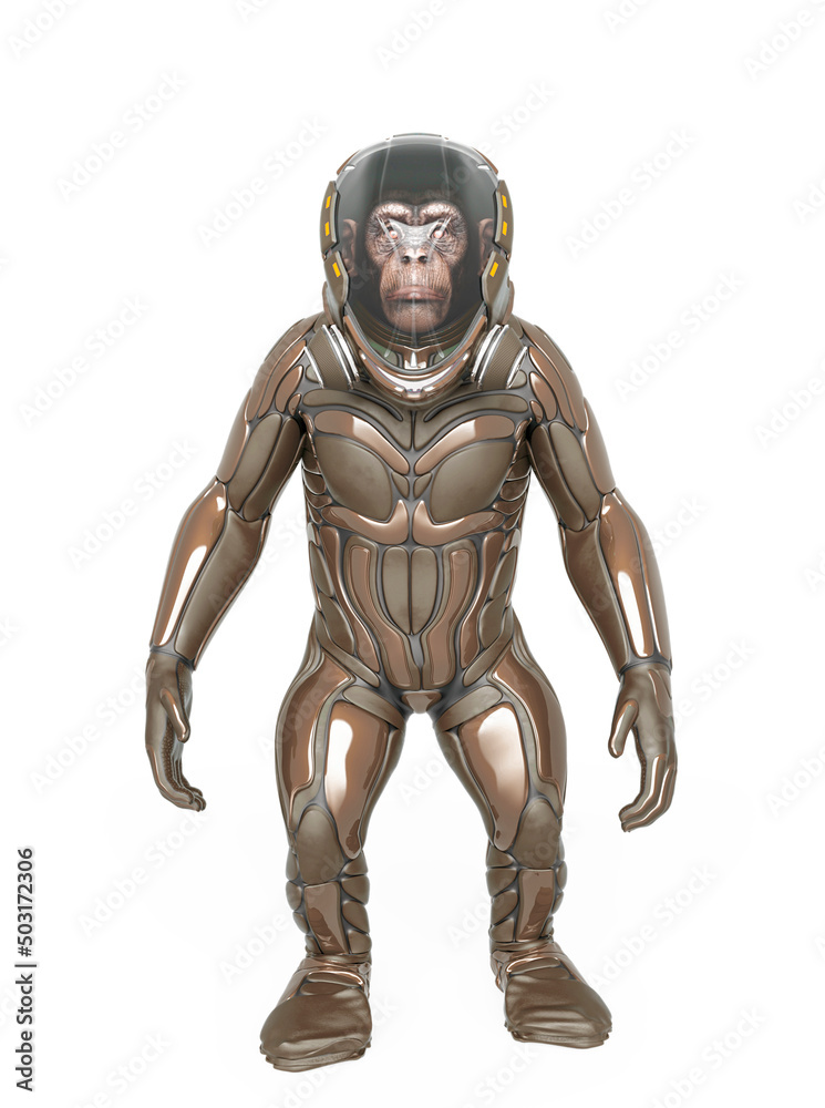 chimpanzee astronaut is standing up in white background chimpanzee astronaut is standing up in white background