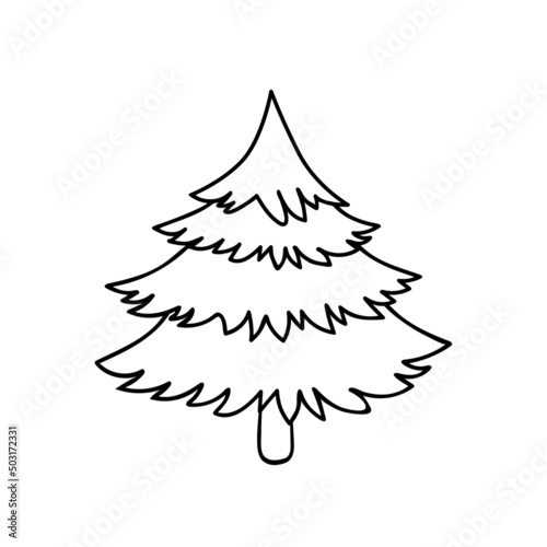 Fir tree black line icon. Pine sketch illustration isolated on white background. Outline simple vector drawing. Abstract doodle fir tree illustration. Winter line icon
