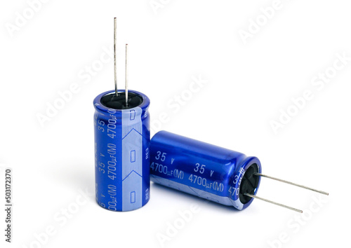 capacitors isolated on white background. Electronic parts concept.                           photo