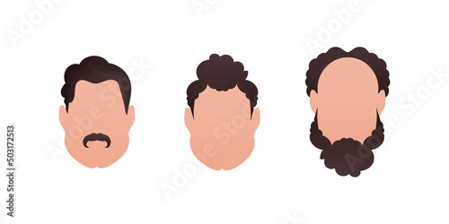 Set Faces of men with different styles of haircuts. Isolated. Vector.