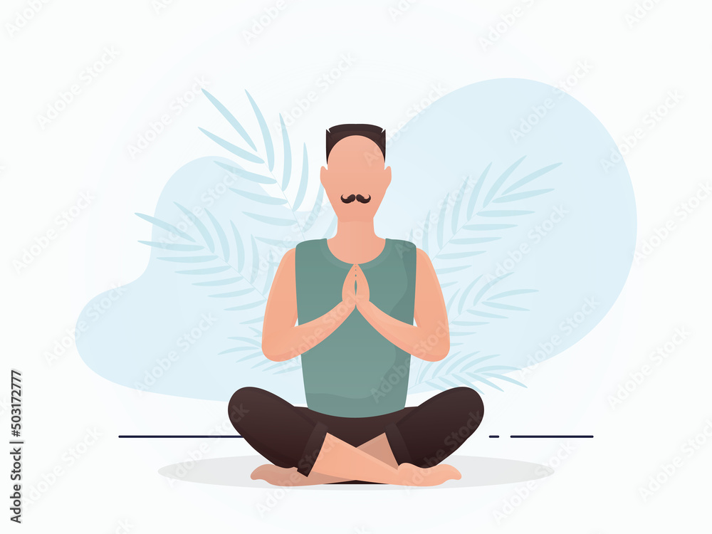 A man sits in a room and does yoga. Yoga. Cartoon style.