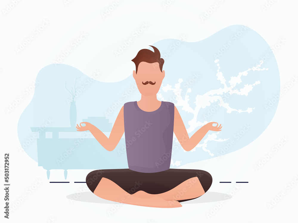 The guy of a strong physique sits meditating. Yoga. Cartoon style.