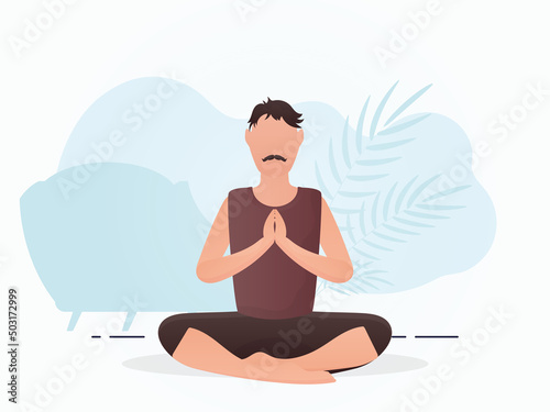 A guy with a strong physique is sitting and doing yoga. Yoga. Cartoon style.