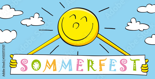 Sommerfest - Sonne hält Plakat, Cartoon
