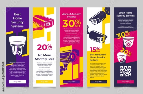 Home security systems internet poster sale discount vertical landing page set vector illustration