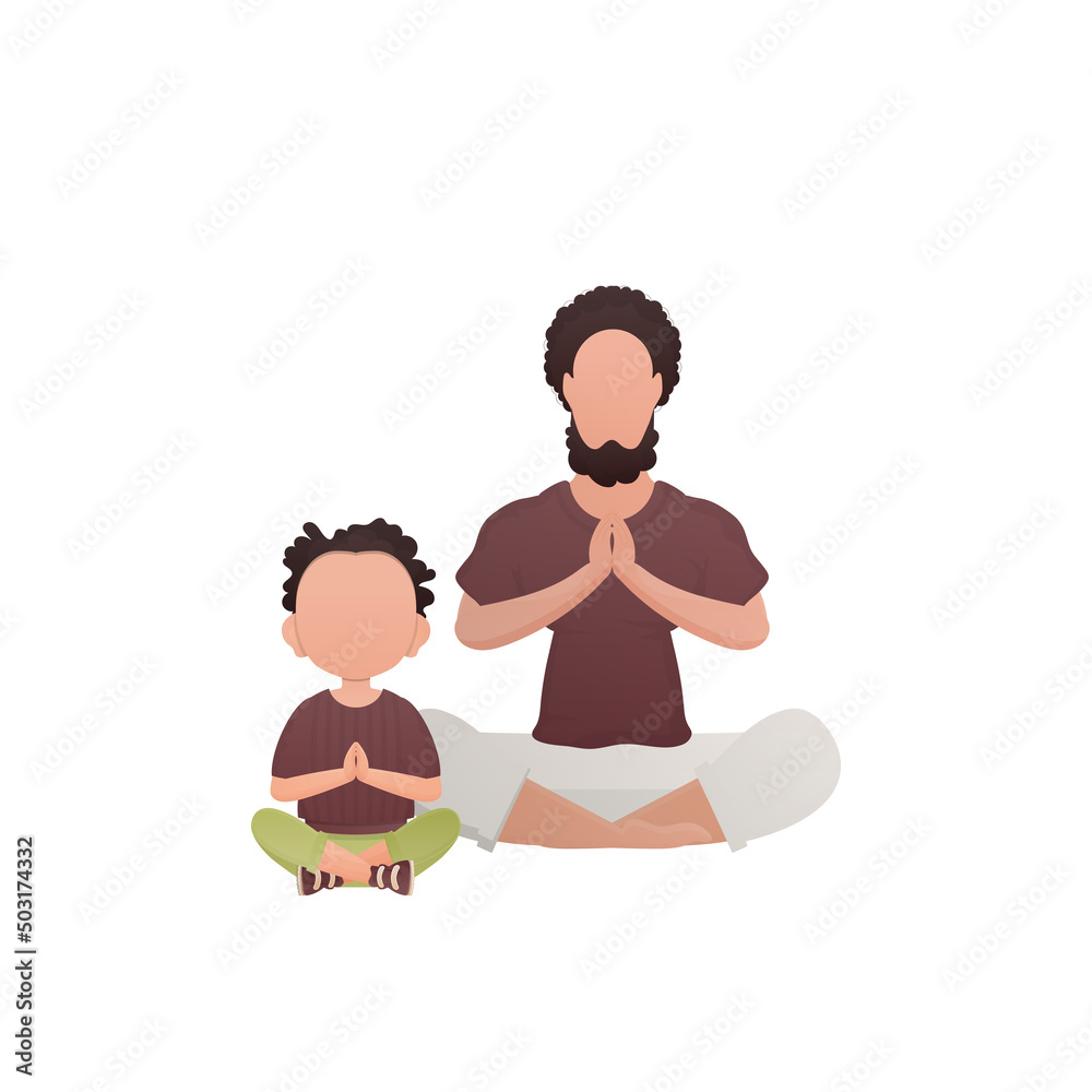 Dad with a little son are sitting doing yoga in the lotus position. Isolated. Cartoon style. Dad with a little son are sitting doing yoga in the lotus position. Isolated. Cartoon style.