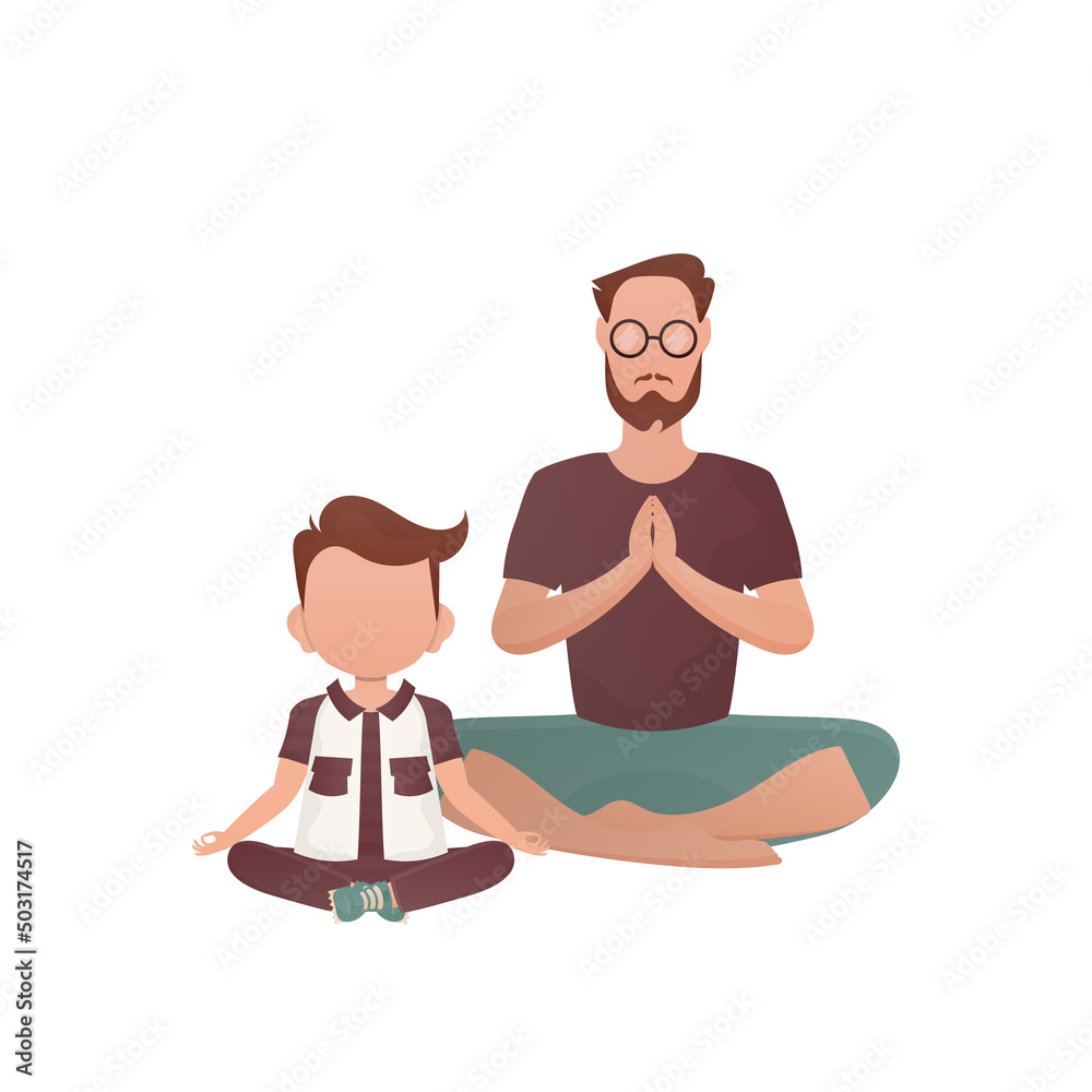 A man with a cute baby is sitting in a lotus position. Isolated. Cartoon style. A man with a cute baby is sitting in a lotus position. Isolated. Cartoon style.