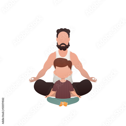 Fototapeta Naklejka Na Ścianę i Meble -  A man with a cute baby is sitting and doing yoga. Isolated. Cartoon style.