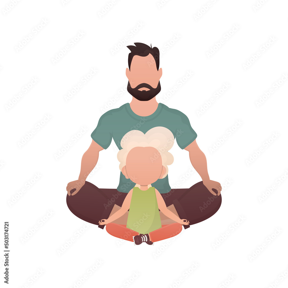 Dad and son are sitting and doing yoga. Isolated. Cartoon style.