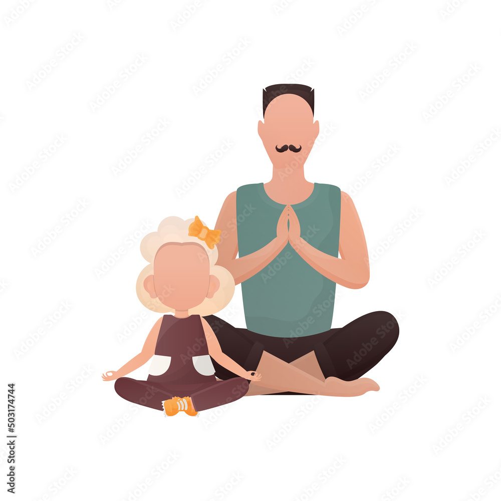 A man with an adorable baby sit meditate. Isolated. Cartoon style. A man with an adorable baby sit meditate. Isolated. Cartoon style.