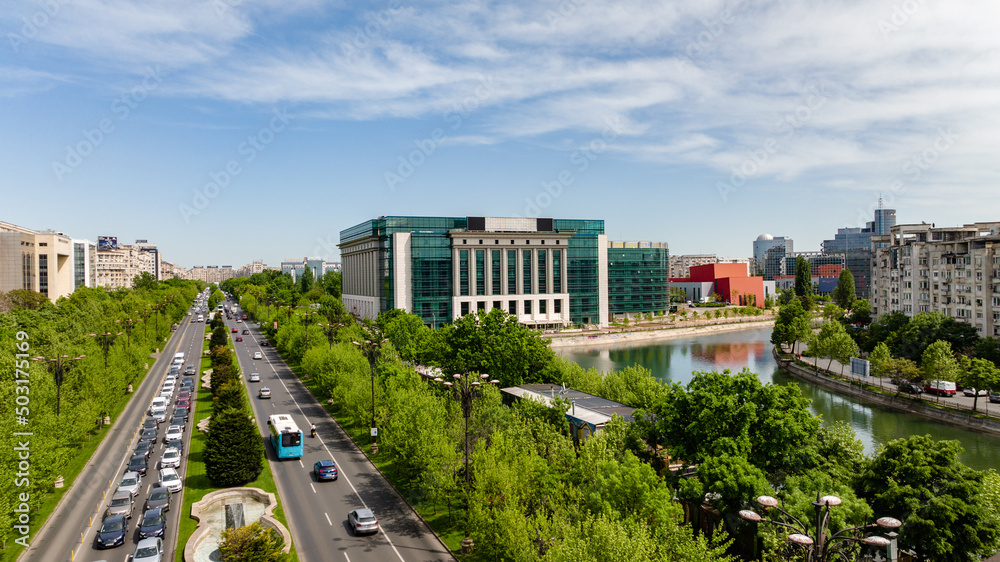 Aerial view of Unirii Square, Bucharest Romania on a sunny day.