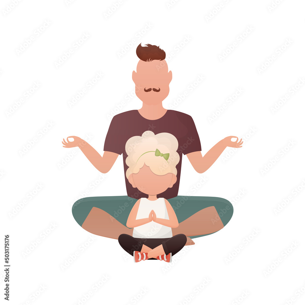 Father and daughter sit in the lotus position. Isolated. Cartoon style. Father and daughter sit in the lotus position. Isolated. Cartoon style.