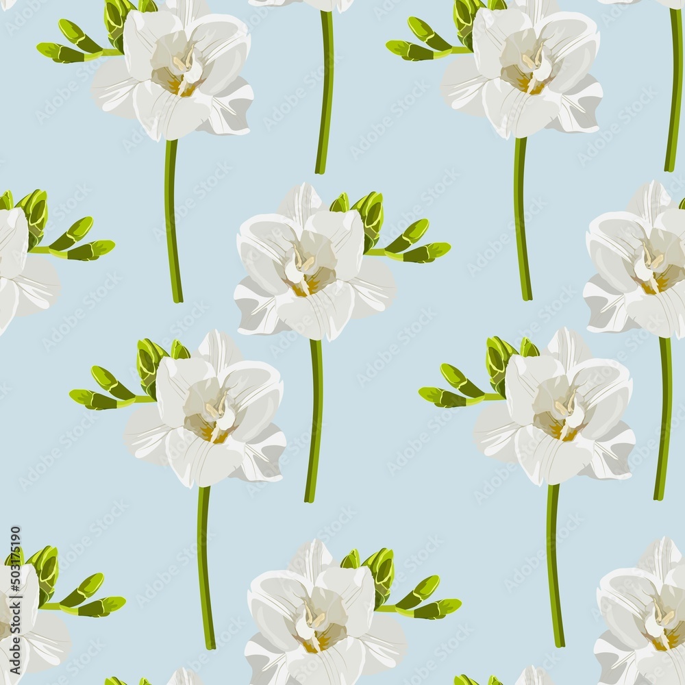 Freesia flowers pattern. Seamless spring pattern. White flowers. Template for printing on fabric. Summer pattern.