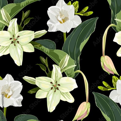 Beautiful floral seamless pattern with white freesia, lily flowers, and leaves.  Seamless pattern for textile, wrapping paper, package.