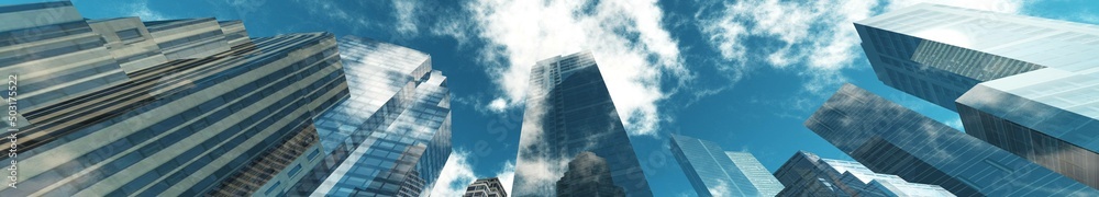 Fototapeta premium Skyscrapers, high-rise buildings from below against the background of the sky, cityscape, panorama of skyscrapers, 3D rendering