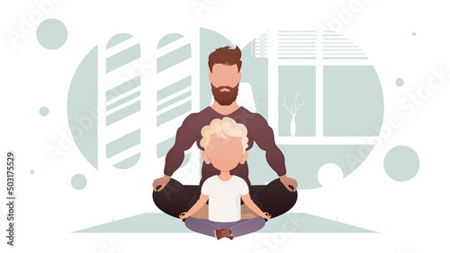 A man with a little boy are sitting meditating in the lotus position. Yoga. Cartoon style.