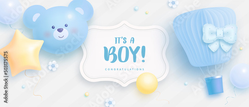 Baby shower horizontal banner with cartoon bear head, hot air balloon, helium balloons and clouds on light background. It's a boy. Vector illustration