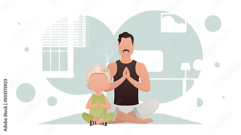 A man with a little girl are sitting meditating. Meditation. Cartoon style.