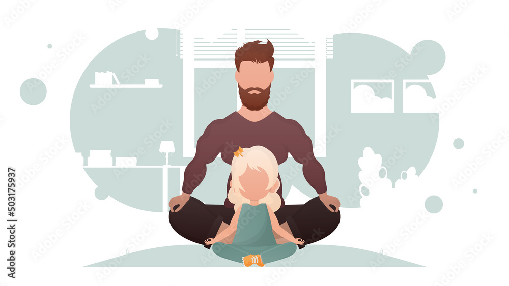 Dad and daughter are sitting meditating in the lotus position. Meditation. Cartoon style. Dad and daughter are sitting meditating in the lotus position. Meditation. Cartoon style.