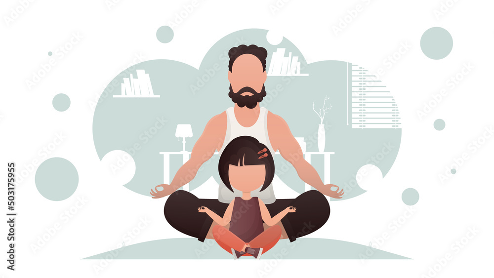 Father and daughter sit in the lotus position. Meditation. Cartoon style.