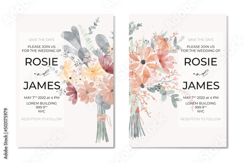 Set of botanical wedding invitation card template design, pink, orange wildflowers and green leaves bouquet with frame on light beige background, pastel vintage theme