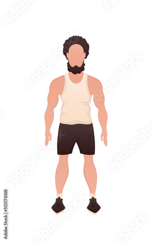 Handsome man of strong physique in full growth. Isolated. Cartoon style.