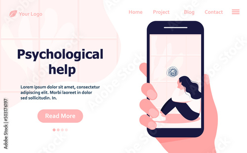 Psychological help web banner. Female character depression, Unhappy woman sit on floor with Tangled thoughts in head, girl need psychological help, mind problem.