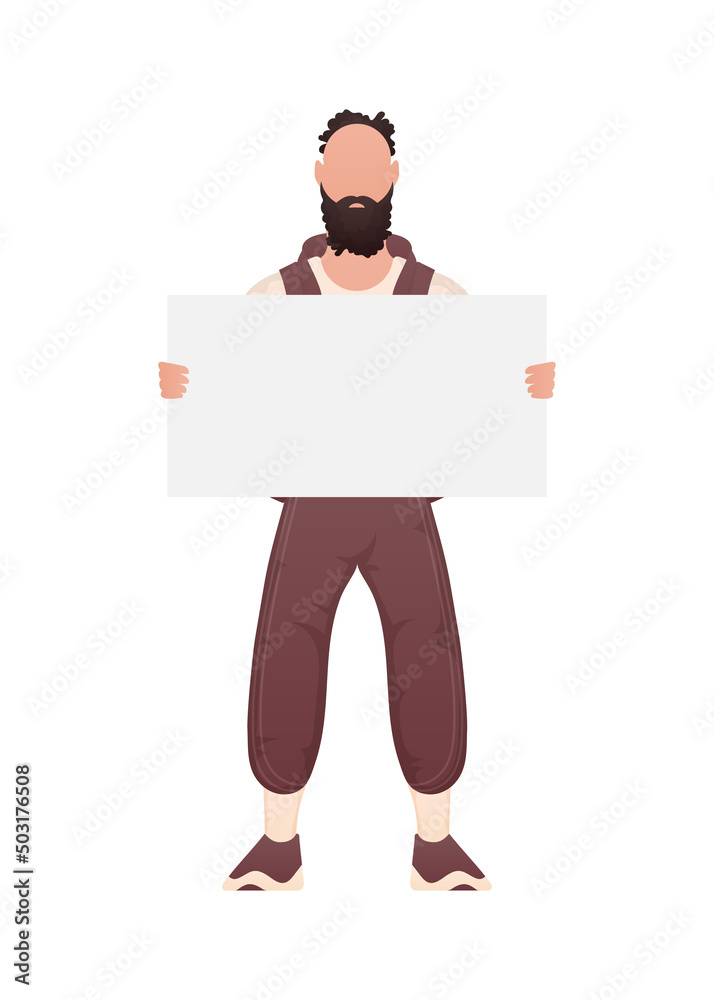 A guy with a strong physique holds a blank sheet in his hands. Isolated. Cartoon style. A guy with a strong physique holds a blank sheet in his hands. Isolated. Cartoon style.