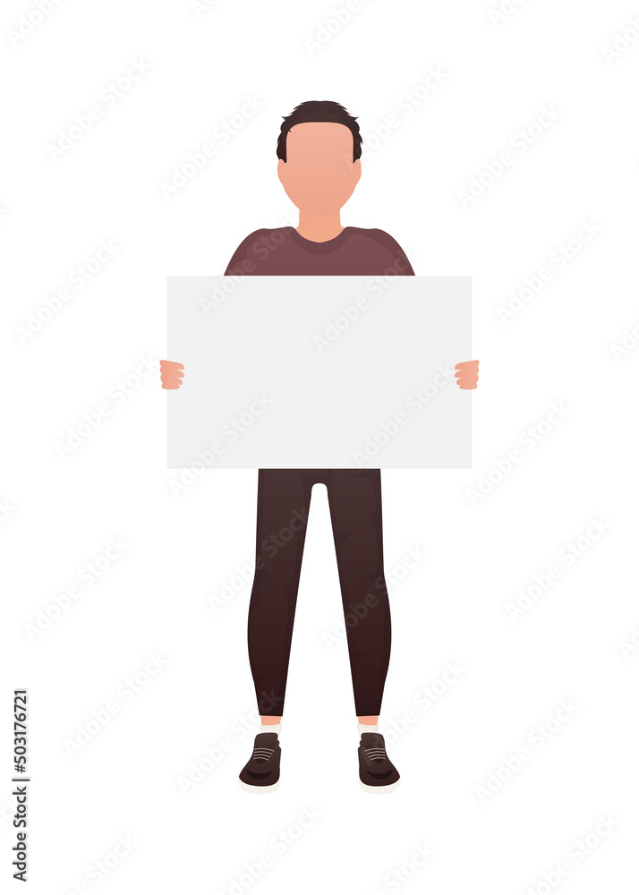 A man holds an empty tablet in his hands. Isolated. Cartoon style.