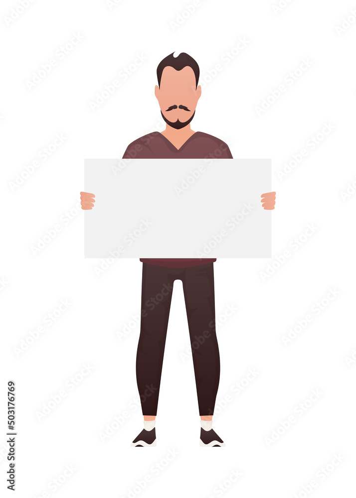 A man stands to his full height and holds an empty tablet in his hands. Isolated. Cartoon style. A man stands to his full height and holds an empty tablet in his hands. Isolated. Cartoon style.